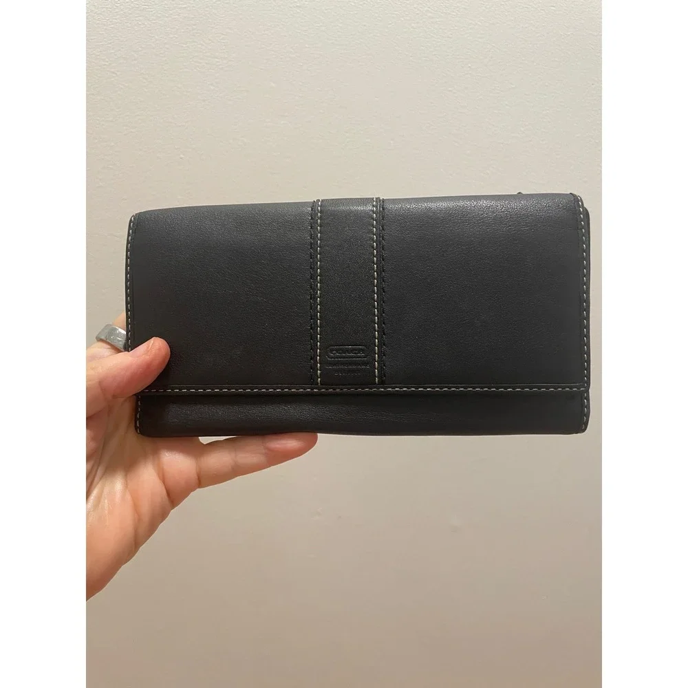 Coach Black Leather Wallet Slim Envelope Lavender Interior Contrast Stitch
